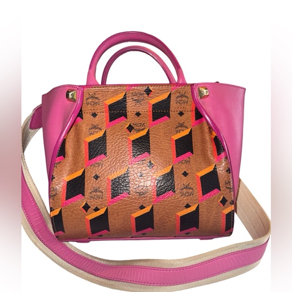 MCM Handbags - MCM Visetos Diamond Printed Small Tote Cognac EUC